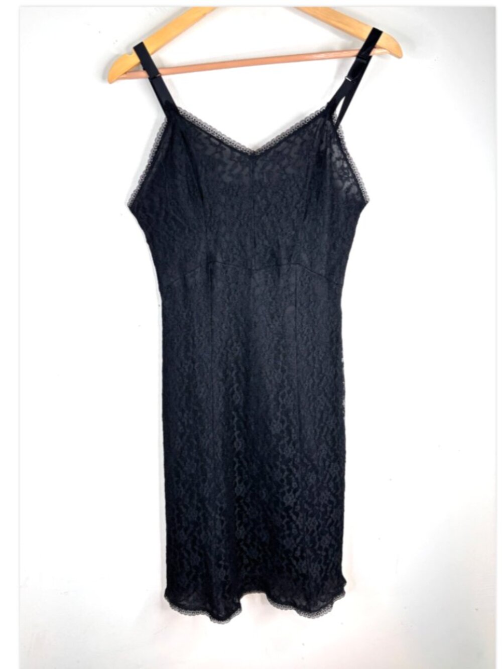 VTG Secret Mills Smoothline Black Lace Slip Dress 36 Small Goth Coquette 90s